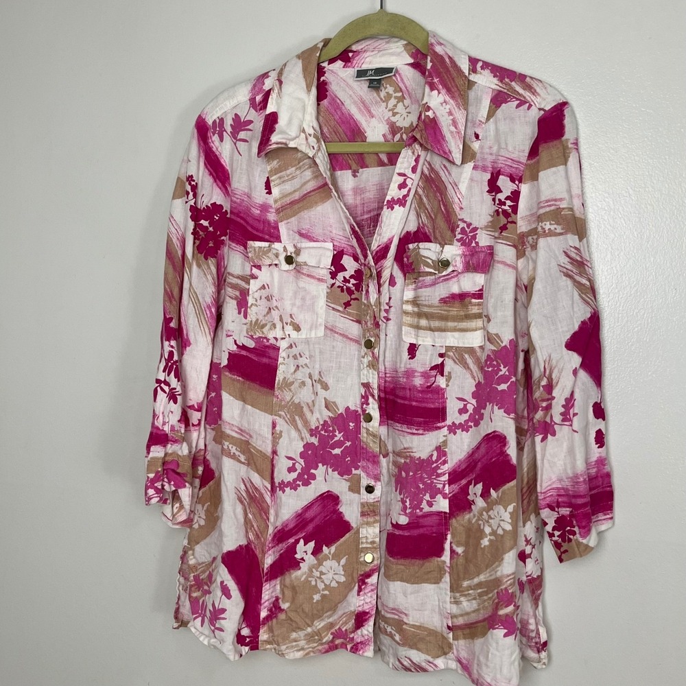 JM Collection Linen Button Front Shirt Womens 16 Pink Abstract Floral 3/4 Sleeve